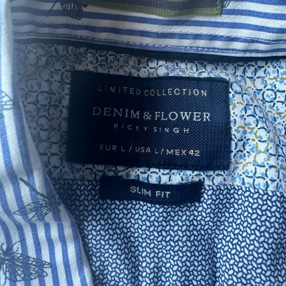 Denim & Flower White & Blue Striped Men's Button-Up Shirt with Dragonfly Print - Picture 3 of 6